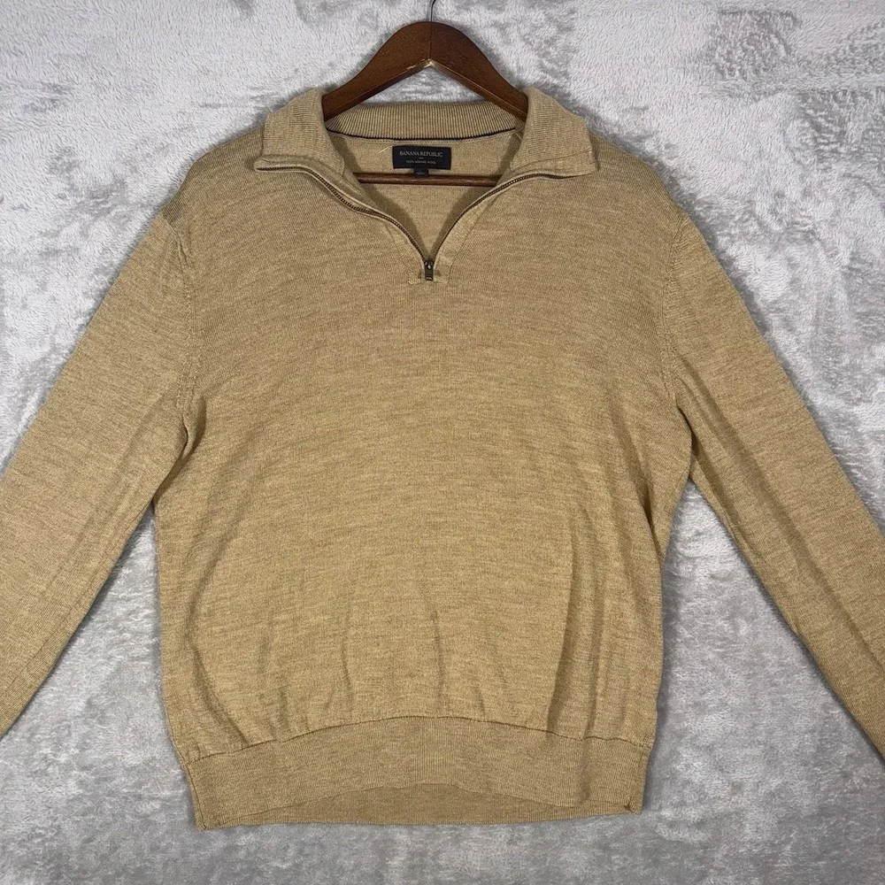 Banana Republic 1/4 Zip Sweater Men's Large Brown Long Sleeve 100% Merino‎ Wool